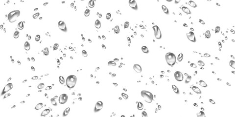 Realistic water drops floating in the air. A 3D monochrome liquid bubble texture overlay. Isolated graphic element on transparent background for creative design, PNG cutout file.