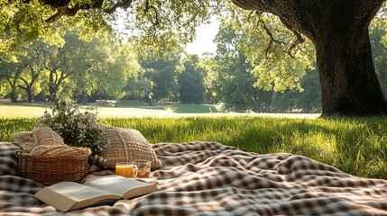 Fototapeta premium Fluffy plaid blanket spread out in a grassy park with a picnic basket and a book set up under a large tree ideal for a cozy outdoor afternoon
