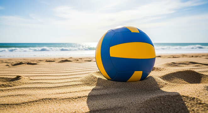 Beach volleyball ball resting on sandy shore with ocean waves in background