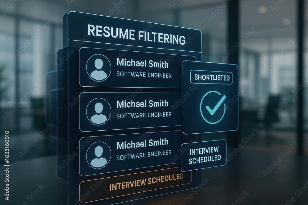 Poster resume filtering dashboard shortlisting candidates and scheduling interviews with ai-powered system
