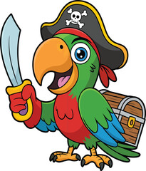 Cartoon parrot dressed as a pirate holding a sword standing next to a treasure chest