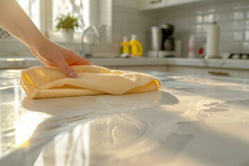 A woman is cleaning the kitchen, wiping the table with a rag. Cleaning, cleanliness, order, comfort