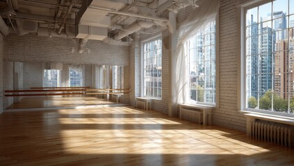 Spacious, sunlit dance studio with city views