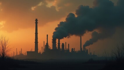 Industrial smokestacks emit dark smoke against a hazy sunset sky creating an ominous atmosphere