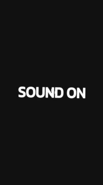 Rotating circular mask with zoom transition reveals repeated "SOUND ON" text across the screen in various colors over black background.