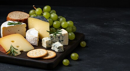 A cheese board featuring a selection of artisanal cheeses, grapes, crackers, and a sprig of rosemary, arranged casually on a dark wooden board. Shot with moody, atmospheric lighting