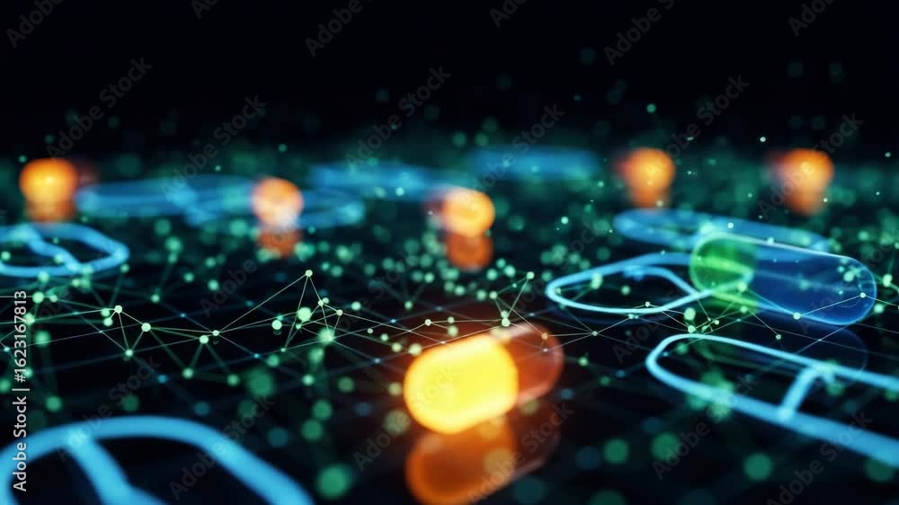 Poster a vibrant digital representation of capsules and molecular structures on a dark background showcasin