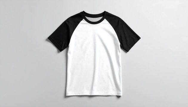 Black and white raglan t-shirt against a neutral backdrop, Casual and sporty style tee mockup on a grey surface ready for custom design