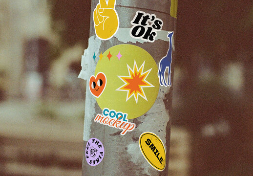 Stickers Paste on Metal Pole Mockup