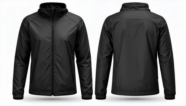 Front and Back View of a Stylish Black Jacket with Zipper, Showing a Sporty Black Windbreaker Style Jacket in a Fashionable Front and Back Pose