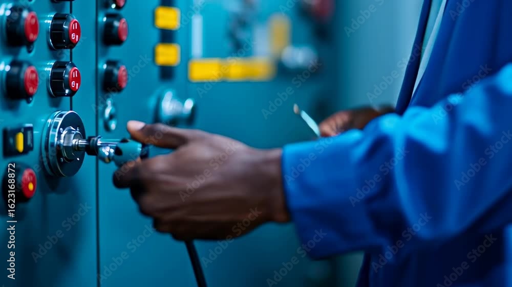 Poster hand operating a control panel with various buttons and switches