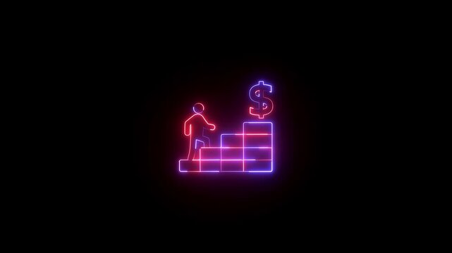 Glowing neon line businessman walking up on graph, Neon man and dollar and stairs sign icon animation on black background