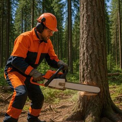 Lumberjack Felling a Pine Tree 