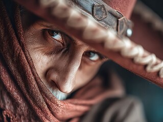Mysterious Cowboy Intense gaze with covered face, portrait, western style, and brown tones.