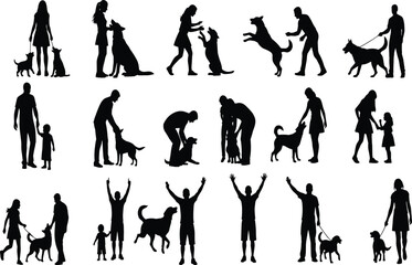 PrintSilhouette people walking, training and playing with dogs, bonding moments, outdoor pet activities, love and companionship, family with pets