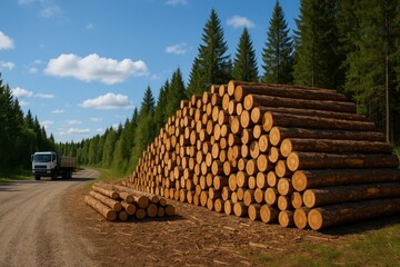 Pile of Timber Logs by Roadside 