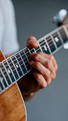 a hand playing an acoustic guitar, fingers pressing the strings on the fretboard or strumming