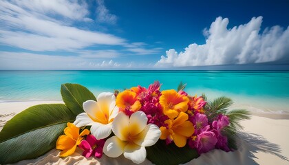 a vibrant bouquet of tropical flowers on a serene beach with turquoise waters and fluffy clouds in the background
