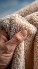 human hand touching fleece fabric