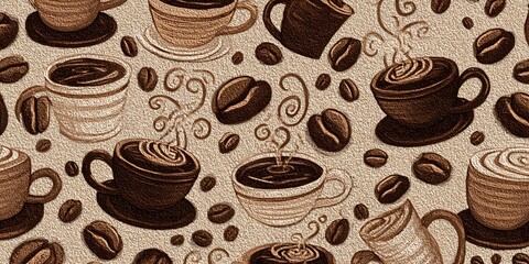 Obraz premium Charming handdrawn coffee cups with steam and scattered coffee beans