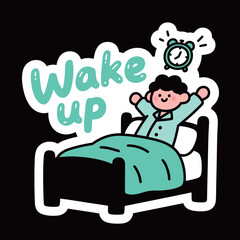 A vibrant vector sticker illustration featuring a happy cartoon character waking up in bed with an alarm clock, wishing a good morning.