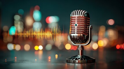 Vintage Microphone with Glowing Sound Waves