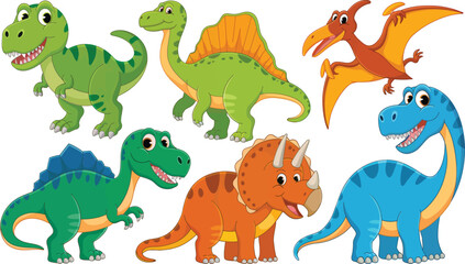 A collection of cartoon dinosaurs including t rex, triceratops, and pterodactyl