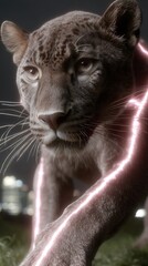 Mysterious Panther with Energy Illuminated Big Cat Stalking with Night City Background.