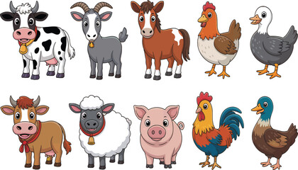 A colorful cartoon illustration featuring various farm animals on a white background image design