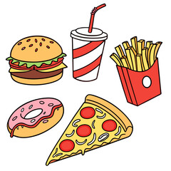Fast food set with burger, pizza, donut, fries and soda isolated on white background