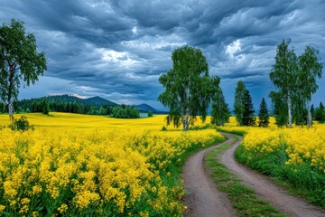 Winding path through a vibrant yellow field under a dramatic sky