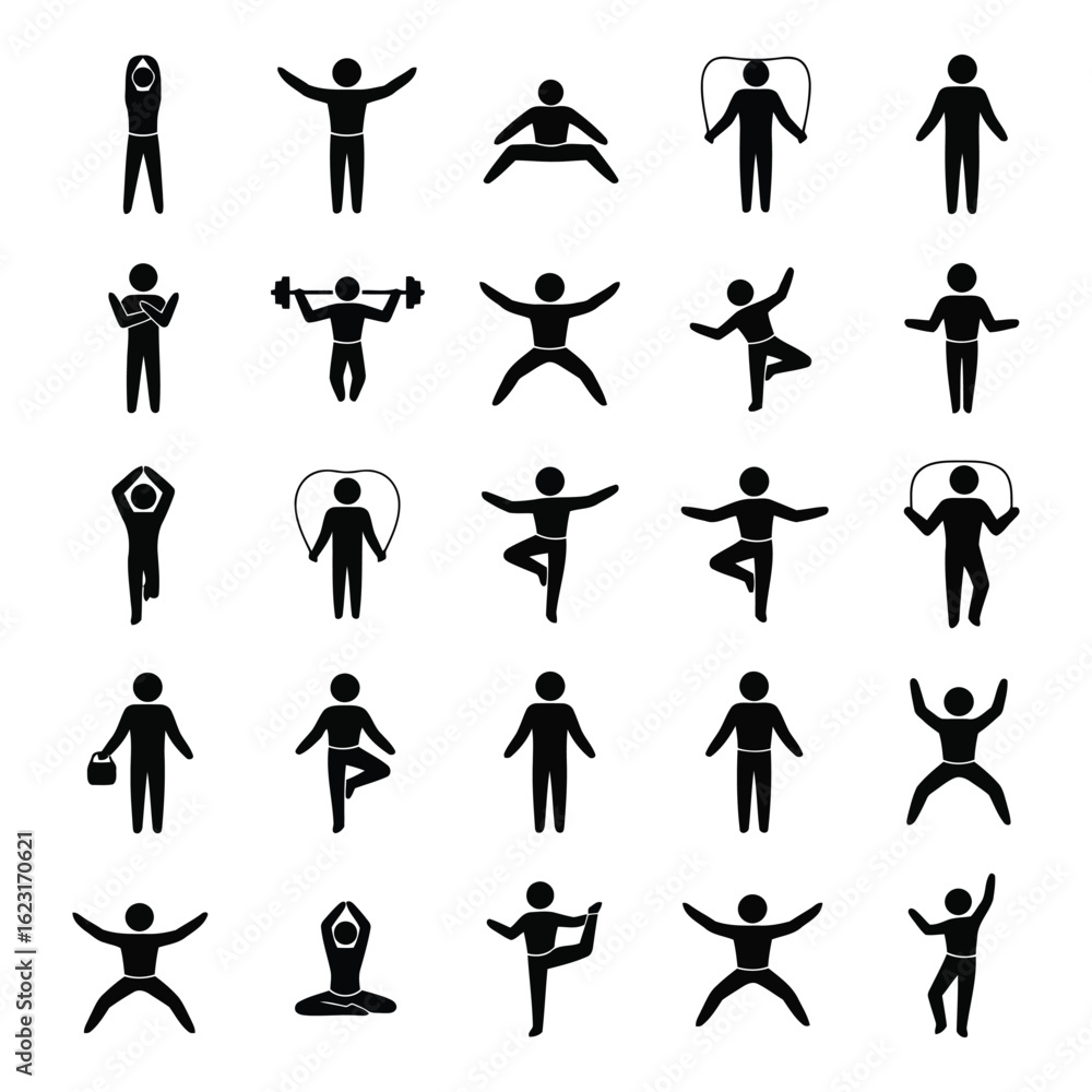 Poster Art of collection of stick figure icons representing various human activities and exercises, isolated on a white background