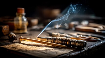 Mysterious smoking incense stick on a rustic wooden table with atmospheric, and vintage.