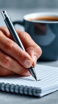 Hand Holding Pen Writing on Notebook with Coffee Cup in Background, Capturing Moments of Creativity and Focus in Cozy Atmosphere