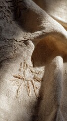 Captivating Play of Light and Shadow on Textured Beige Linen Fabric with Subtle Wrinkles Creating an Elegant Visual Aesthetic