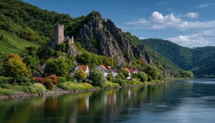 Fototapeta premium River valley with castle and village