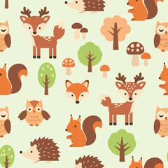 Fototapeta premium Charming woodland pattern featuring adorable cartoon deer, foxes, squirrels, owls, and hedgehogs amidst playful trees and mushrooms, perfect for children's designs.