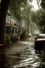 Obraz premium A residential street is flooded with several cars partially submerged in water. Trees line the street, and a gray, overcast sky suggests recent heavy rain