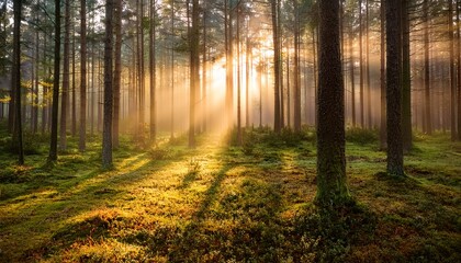 Obraz premium warm golden sunlight filtering through dense coniferous forest branches illuminating misty woodland floor with ethereal morning rays and creating serene magical atmosphere during golden hour