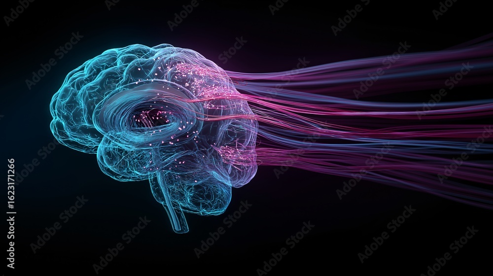 Poster a digital representation of the human brain with lines emanating from it, conveying the concept of i