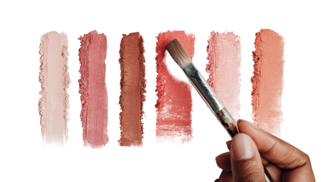 A hand holds a makeup brush over a blush palette, showcasing various shades of rose and peach