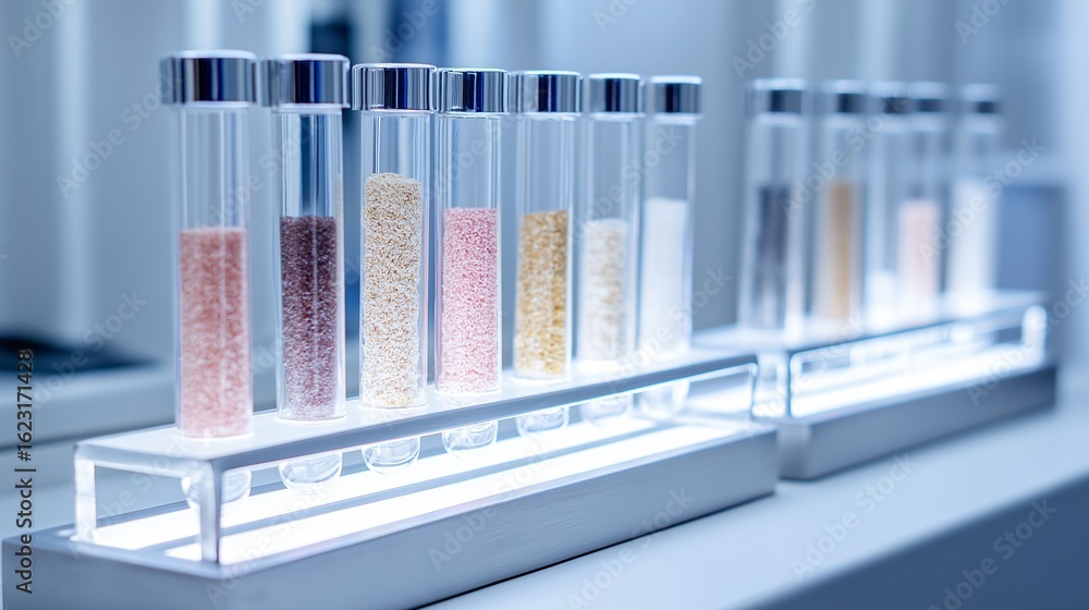 Poster colorful test tubes with various substances arranged in a lab setting. the vials showcase different 