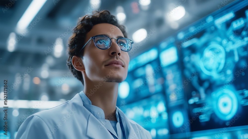 Aufkleber a scientist stands in front of a high-tech interface, contemplating the data