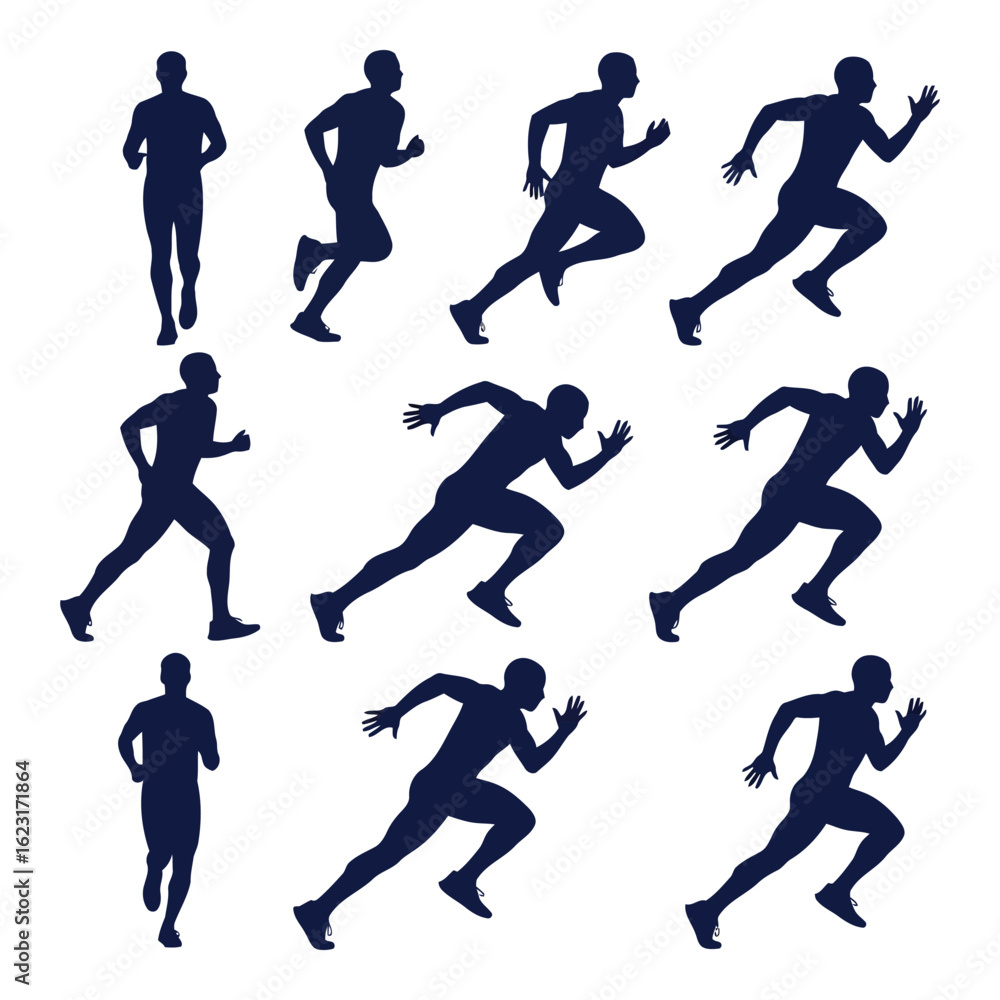 Poster art of collection of runner silhouettes in various dynamic running poses, isolated on white backgrou