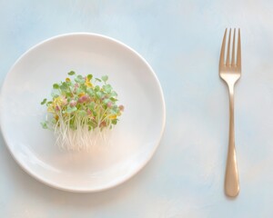 Fresh microgreens on a white plate with fork.