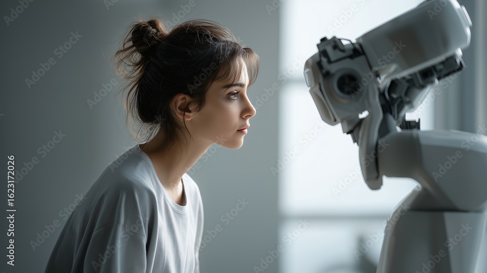 Poster a woman interacting with a humanoid robot, staring intently at each other, with an air of curiosity 
