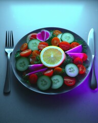 Fresh salad with vibrant vegetables and lemon.