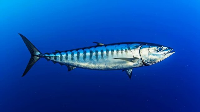 A sleek fish swimming in deep blue ocean waters.