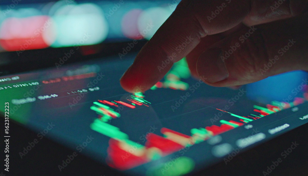 Poster data analysis on tablet: a close-up shot captures a hand meticulously navigating financial data on a