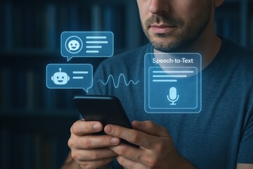 Man using mobile phone with AI chatbot and speech-to-text interface for real-time voice transcription and interaction
